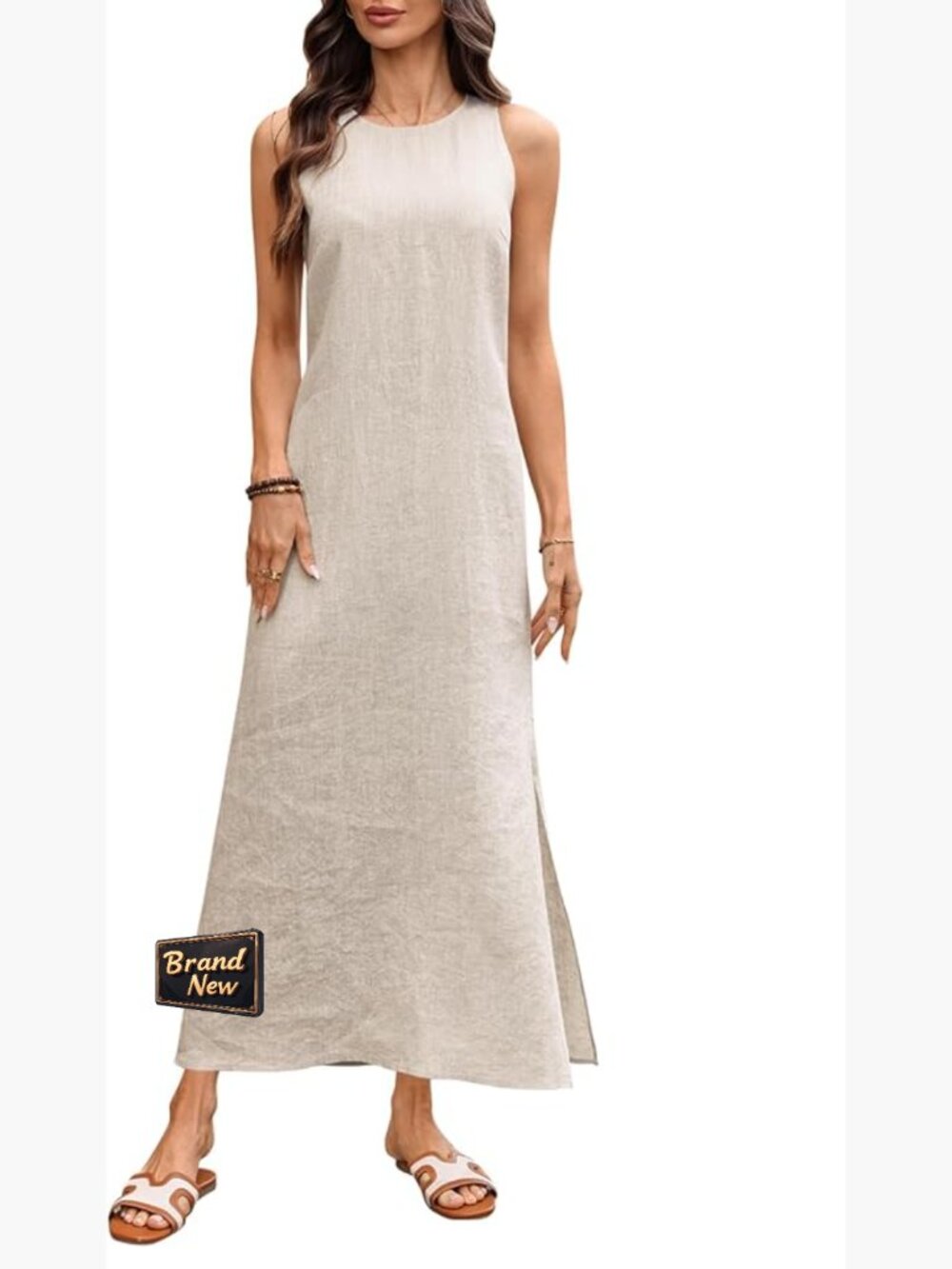 100% Linen Sleeveless Crewneck Maxi Dress Side Slit Summer